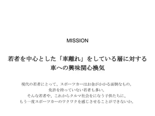 MISSION

若者を中心とした「車離れ」をしている層に対する
車への興味関心換気
現代の若者にとって、スポーツカーはお金がかかる面倒なもの。
免許を持っていない若者も多い。

そんな若者や、これからクルマ社会をになう子供たちに、
もう一度スポーツカーのワクワクを感じさせることができないか。

 