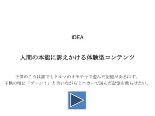 IDEA

人間の本能に訴えかける体験型コンテンツ
子供のころは誰でもクルマのオモチャで遊んだ記憶があるはず。
子供の頃に「ブーン！」と言いながらミニカーで遊んだ記憶を甦らせたい。

 