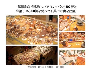 無印良品 有楽町にヘクセンハウス100軒と
お菓子15,000個を使ったお菓子の街を設置。

実施期間：2012年11月30日～12月25日

 