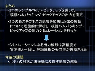 まとめ
・2つのシングルコイル・ピックアップを用いた
模擬ハムバッキング・ピックアップの出力を測定
・2つの負スチフネスの影響を加味した弦の振動
について理論的に解析し，模擬ハムバッキング・
ピックアップの出力シミュレーションを行った
・シミュレーションによる出力波形は高精度で
実測値と一致し，理論解析の妥当性が確認された
今後の課題
・ボディの形状が弦振動に及ぼす影響の解析
 