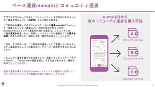 ベース通貨eumo(ë)とコミュニティ通貨
Copyright © eumo Corporation All Rights Reserved. 11
アプリをダウンロードすると、「コミュニティ」タブの中に各コミュニ
ティ通貨がウォレット（お財布）として表示されます。
「ご利用中の通貨」ではデフォルトで、ベース通貨eumo(ë)のウォレッ
ト「共感コミュニティ通貨eumo」のみが表示されています。
eumo以外のコミュニティ通貨を利用する場合は、コミュニティの
「他の通貨をみる」から、利用したいコミュニティ通貨の「この通貨を
追加」ボタンを押して、追加します（操作方法はマニュアル参照）。
「残高」タブの中には、「ご利用中の通貨」として登録しているコミュ
ニティ通貨のウォレットが表示され、チャージ、決済ができるようにな
ります。
コミュニティ通貨を購入する方法として、現金／クレジットカードチャ
ージ以外に、「eumoで他の通貨を購入」する方法があります（操作方
法はマニュアル参照）。
通貨で通貨を購入できるのはeumo→コミュニティ通貨の一方向にして
おり、各コミュニティでの循環を促進する設計にしています。
 