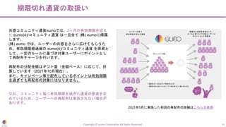 期限切れ通貨の取扱い
Copyright © eumo Corporation All Rights Reserved. 14
共感コミュニティ通貨eumoでは、3ヶ月の有効期限を迎え
た eumo(ë)/コミュニティ通貨 は一旦全て (株) eumoに帰属
します。
(株) eumo では、ユーザーの共感をさらに広げてもらうた
め、有効期限経過後の eumo(ë)/コミュニティ通貨 を原資と
して、一定のルールに基づき対象ユーザーにポイントとし
て再配布チャージを行います。
再配布の分配金額はギフト量（金額ベース）に応じて、計
算しています（2021年10月現在）。
また、キャンペーン等で配布しているポイントは有効期限
を過ぎても再配布の対象にはなりません。
なお、コミュニティ毎に有効期限を過ぎた通貨の使途を定
めているため、ユーザーへの再配布は実施されない場合が
あります。
2021年5月に実施した初回の再配布の詳細はこちらを参照
 