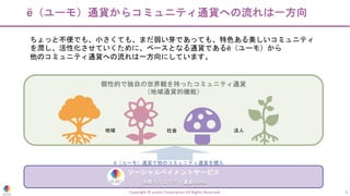 個性的で独自の世界観を持ったコミュニティ通貨
（地域通貨的機能）
Copyright © eumo Corporation All Rights Reserved. 5
ë（ユーモ）通貨からコミュニティ通貨への流れは一方向
ちょっと不便でも、小さくても、まだ弱い芽であっても、特色ある美しいコミュニティ
を潤し、活性化させていくために、ベースとなる通貨であるë（ユーモ）から
他のコミュニティ通貨への流れは一方向にしています。
ソーシャルペイメントサービス
共感コミュニティ通貨eumo
ë（ユーモ）通貨で他のコミュニティ通貨を購入
地域 社会 法人
 