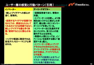 ユーザー層の感覚と行動パターン（引用）                エベレット・ロジャーズ


        イノベーター                  アーリーアダプター
        ・新しいアイデアへの感心が   ・初期採用者であり、尊敬の
        高く、冒険的。         対象。
                        ・イノベーターと比較し、より地
        ・採用するアイデアが信頼でき 域社会システムに根ざした存
        るかどうか、便益をもたらして 在で、最も高いオピニオンリー
        くれるかどうかは問題ではなく、 ダーシップを有している。
        新しいアイデアを最も早く体   ・イノベーターほど先進的すぎ
        験/習得することに関心があ ないことから、多くの人の役
        る。              割モデルとなる存在。
                        ・周囲の人間にとっては、イノ
        ・ハイテク関連に限定すれば、 ベーションを採用する際に「確
        別名テクノロジー・マニアと呼 認すべき」個人。
        ばれる。            ・イノベーターが新しいアイデ
                        アそのものを求めるのに対し、
                        アーリーアダプターが価値を見
                        出す対象は、アイデアがもた
                        らす結果。
                        ・アイデアの採用によるブレイ
                        クスルーが期待できるならば、
                        リスクを負う覚悟がある。
Copyright © 2011 ITmedia Inc.                             15
 
