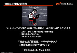 求める人物像との照合




             ソーシャルメディアに集う人材は、“Web業界にとっての良い人材” だろうか？？
                                ・ あたらしい枠組み（これまでとは違う発想）に敏感
                                ・ 情報を発信し、「場を作る」
                                ・ 玉石混交をしなやかに渡り歩く


                                「社会性」と「論理性」 ＝リーダーシップ
                                ＝情報革命時代の共通リテラシー

                                  「実名化」によって、さらに（後述）。
Copyright © 2011 ITmedia Inc.                               17
 