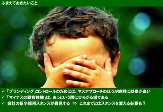 ふまえておきたいこと




 「ブランディング」コントロールのためには、マスアプローチのほうが絶対に効果が高い
 「マイナスの顧客体験」は、あっという間にひろがる場である
 自社の新卒採用スタンスが露見する ⇒ これまでとはスタンスを変える必要も？
Copyright © 2011 ITmedia Inc.                21
 