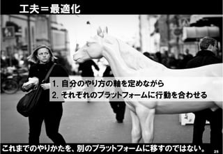 工夫＝最適化




                                1. 自分のやり方の軸を定めながら
                                2. それぞれのプラットフォームに行動を合わせる




これまでのやりかたを、別のプラットフォームに移すのではない。
Copyright © 2011 ITmedia Inc.                              25
 