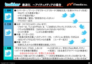 最適化 ～アイティメディアの場合
       1. 目的              ■イノベーター／アーリーアダプターにアプローチ（情報交流／応募ロイヤルティ形成）
                           ・Webサービス感度が高い
                           ・メディア感度が高い
                           ・情報収集／選別／受発信のセンスがいい
                           ・テクノロジー志向
       2. 工夫              ■当初 （※150フォロワーくらいまで）
                           ・フォローは、ＴＬに必ずReply ＆ 「ご迷惑ならブロックしてください」で。
                           ・フラットな情報発信 （当社のメリットにならないものでも）
                           ・とにかく受容     （上から目線の排除）
                          ■中盤 （11月～2月）
                           ・「普通の採用活動」へのアンチテーゼも ＝ポジション差別化・引き込み
                           ・当社メディアの公式アカウントとの連携 （ユーザー拡大）
                          ■終盤 （3月～）
                           ・お断りした方々との関係構築も継続して行う
       3. 考察              ・学生をフォローするか、しないか      ⇒したほうがいい。学生にReply飛ばしやすい
                          ・ツイートする情報の種類は         ⇒高度に （担当者のプライベートとか無意味）
                                お金はかからないが、手間と工夫が必要。
                          twitterという場に出て行った瞬間に、「一方的な情報提供」のスタンスは捨てるべき。
                          会場への持ち込みも可にした＝“説明会とか面接をtsudaってくれる人、いないかなぁ”
Copyright © 2011 ITmedia Inc.                                             26
 