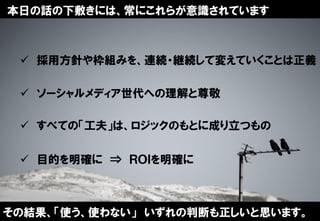 本日の話の下敷きには、常にこれらが意識されています



          採用方針や枠組みを、連続・継続して変えていくことは正義

          ソーシャルメディア世代への理解と尊敬

          すべての「工夫」は、ロジックのもとに成り立つもの

          目的を明確に ⇒ ＲＯＩを明確に



その結果、「使う、使わない」 いずれの判断も正しいと思います。2
Copyright © 2011 ITmedia Inc.
                               2
 
