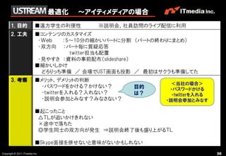 最適化   ～アイティメディアの場合
       1. 目的              ■遠方学生の利便性      ※説明会、社員訪問のライブ配信に利用
       2. 工夫              ■コンテンツのカスタマイズ
                           ・Ｗｅｂ  ：5～10分の細かいパートに分割 （パートの終わりにまとめ）
                           ・双方向 ：パート毎に質疑応答
                                   twitter担当も配置
                           ・見やすさ ：資料の事前配布（slideshare）
                          ■細かいしかけ
                            どろりっち準備 ／ 会場でUST画面も投影 ／ 最初はサクラも準備してた
       3. 考察              ■メリット、デメリットの判断
                                                          ＜当社の場合＞
                           ・パスワードをかける？かけない？      目的      ・パスワードかける
                           ・twitterを入れる？入れない？    は？       ・twitterを入れる
                           ・説明会参加とみなす？みなさない？            ・説明会参加とみなす

                          ■起こったこと
                           △ＴＬが追いかけきれない
                           ×途中で落ちた
                           ◎学生同士の双方向が発生 ⇒説明会終了後も盛り上がるＴＬ

                          ■Skype面接を併せないと意味がないかもしれない
Copyright © 2011 ITmedia Inc.                                            30
 