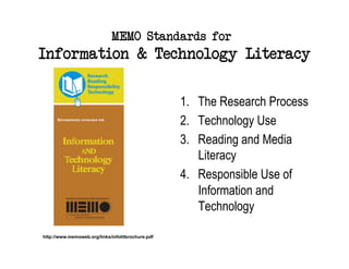 MEMO Standards for
Information & Technology Literacy

                                                   1.  The Research Process
                                                   2.  Technology Use
                                                   3.  Reading and Media
                                                       Literacy
                                                   4.  Responsible Use of
                                                       Information and
                                                       Technology

http://www.memoweb.org/links/infolitbrochure.pdf
 