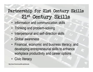 Partnership for 21st Century Skills
                          21st Century Skills
     •  Information and communication skills
     •  Thinking and problem-solving
     •  Interpersonal and self-direction skills
     •  Global awareness
     •  Financial, economic and business literacy, and
        developing entrepreneurial skills to enhance
        workplace productivity and career options
     •  Civic literacy
http://www.21stcenturyskills.org/index.php
 
