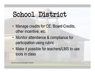 School District
  •  Manage credits for CE, Board Credits,
     other incentive, etc.
  •  Monitor attendance & compliance for
     participation using rubric
  •  Make it possible for teachers/LMS to use
     tools in class
www.flickr.com/photos/9223655@N07/765323437
 