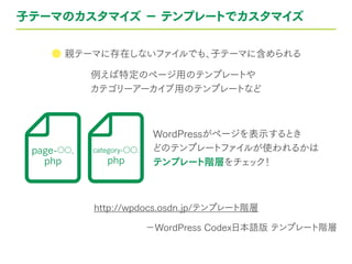 子テーマのカスタマイズ − テンプレートでカスタマイズ
● 親テーマに存在しないファイルでも、子テーマに含められる
例えば特定のページ用のテンプレートや
カテゴリーアーカイブ用のテンプレートなど
WordPressがページを表示するとき
どのテンプレートファイルが使われるかは
テンプレート階層をチェック！
page-○○.
php
category-○○.
php
−WordPress Codex日本語版 テンプレート階層
http://wpdocs.osdn.jp/テンプレート階層
 