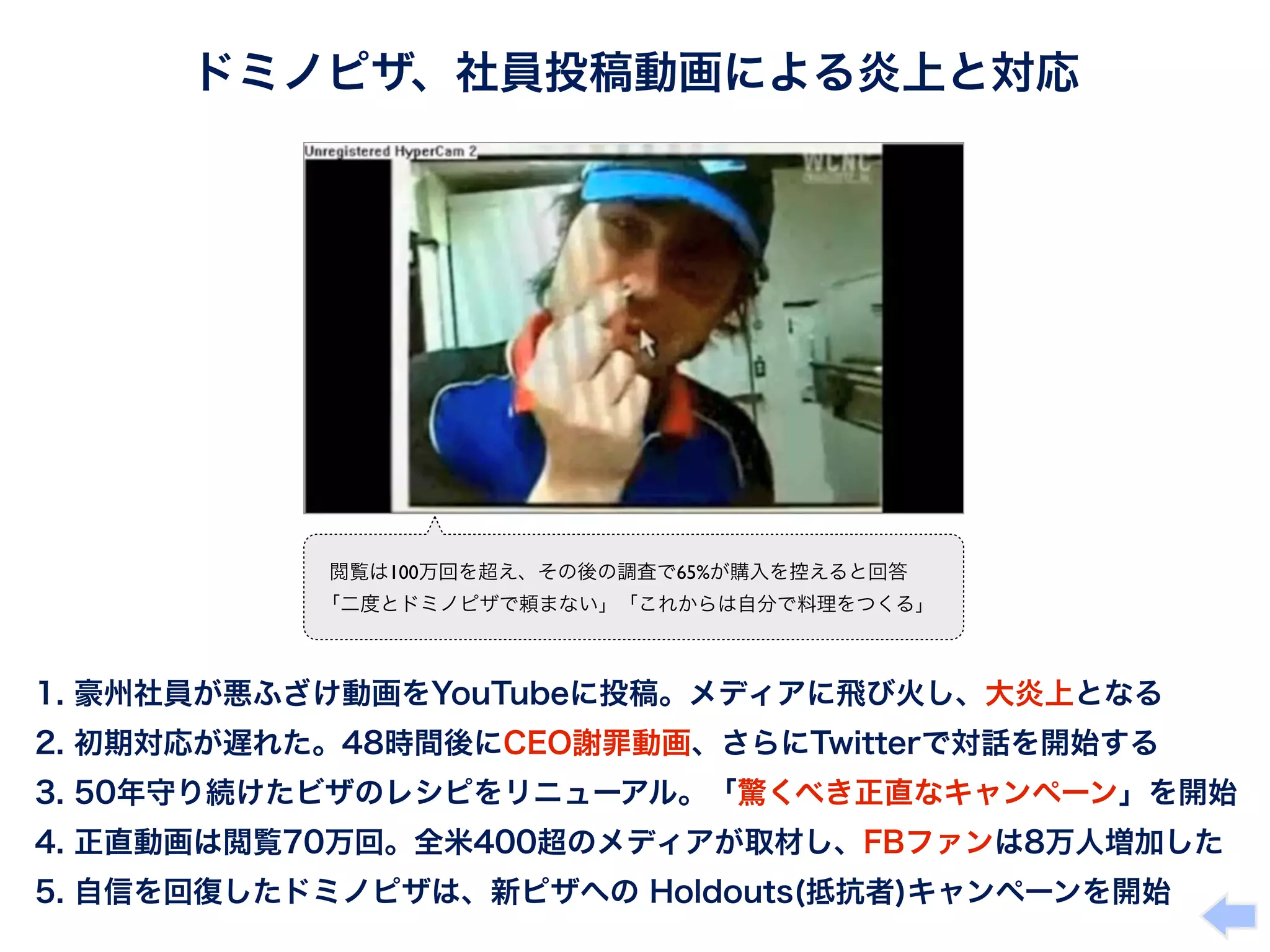 ドミノピザ、社員投稿動画による炎上と対応




             閲覧は100万回を超え、その後の調査で65%が購入を控えると回答
            「二度とドミノピザで頼まない」「これからは自分で料理をつくる」



 1. 豪州社員が悪ふざけ動画をYouTubeに投稿。メディアに飛び火し、大炎上となる
 2. 初期対応が遅れた。48時間後にCEO謝罪動画、さらにTwitterで対話を開始する
 3. 50年守り続けたビザのレシピをリニューアル。「驚くべき正直なキャンペーン」を開始
 4. 正直動画は閲覧70万回。全米400超のメディアが取材し、FBファンは8万人増加した
 5. 自信を回復したドミノピザは、新ピザへの Holdouts(抵抗者)キャンペーンを開始
 