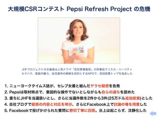 大規模CSRコンテスト Pepsi Refresh Project の危機




      JHFプロジェクトの主催者は人気ドラマ「性犯罪捜査班」の刑事役マリスカ・ハージティ
      セクハラ、家庭内暴力、幼児虐待の根絶を目的とするNPOで、初回投票トップを独走した



 1. ニューヨークタイムス誌が、セレブ女優と組んだヤラセ疑惑を告発
 2. Pepsiは取材時点で、意図的な操作でないとしながらも自らの過ちを認めた
 3. 直ちにJHFを当選扱いとし、さらに当選件数を2件から3件(25万ドル追加投資)とした
 4. 自社ブログで疑惑の内容と対応を明示、さらにFacebook上で討論の場を用意した
 5. Facebookで投げかけられた質問に懇切丁寧に回答。炎上は起こらず、沈静化した
 