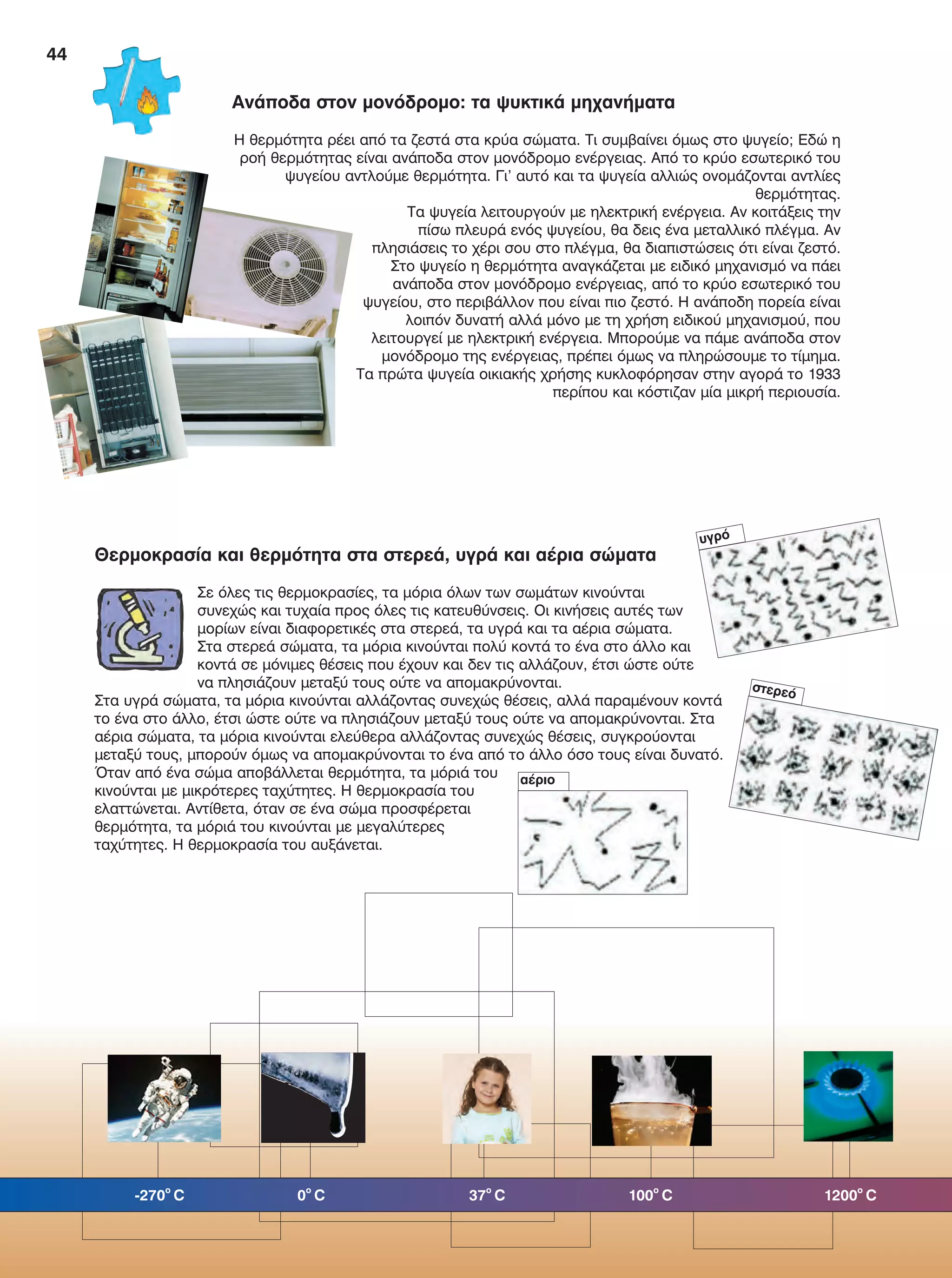 44
Ανάποδα στον μονόδρομο: τα ψυκτικά μηχανήματα
Η θερμότητα ρέει από τα ζεστά στα κρύα σώματα. Τι συμβαίνει όμως στο ψυγείο; Εδώ η
ροή θερμότητας είναι ανάποδα στον μονόδρομο ενέργειας. Από το κρύο εσωτερικό του
ψυγείου αντλούμε θερμότητα. Γι’ αυτό και τα ψυγεία αλλιώς ονομάζονται αντλίες
θερμότητας.
Τα ψυγεία λειτουργούν με ηλεκτρική ενέργεια. Αν κοιτάξεις την
πίσω πλευρά ενός ψυγείου, θα δεις ένα μεταλλικό πλέγμα. Αν
πλησιάσεις το χέρι σου στο πλέγμα, θα διαπιστώσεις ότι είναι ζεστό.
Στο ψυγείο η θερμότητα αναγκάζεται με ειδικό μηχανισμό να πάει
ανάποδα στον μονόδρομο ενέργειας, από το κρύο εσωτερικό του
ψυγείου, στο περιβάλλον που είναι πιο ζεστό. Η ανάποδη πορεία είναι
λοιπόν δυνατή αλλά μόνο με τη χρήση ειδικού μηχανισμού, που
λειτουργεί με ηλεκτρική ενέργεια. Μπορούμε να πάμε ανάποδα στον
μονόδρομο της ενέργειας, πρέπει όμως να πληρώσουμε το τίμημα.
Τα πρώτα ψυγεία οικιακής χρήσης κυκλοφόρησαν στην αγορά το 1933
περίπου και κόστιζαν μία μικρή περιουσία.
Θερμοκρασία και θερμότητα στα στερεά, υγρά και αέρια σώματα
Σε όλες τις θερμοκρασίες, τα μόρια όλων των σωμάτων κινούνται
συνεχώς και τυχαία προς όλες τις κατευθύνσεις. Οι κινήσεις αυτές των
μορίων είναι διαφορετικές στα στερεά, τα υγρά και τα αέρια σώματα.
Στα στερεά σώματα, τα μόρια κινούνται πολύ κοντά το ένα στο άλλο και
κοντά σε μόνιμες θέσεις που έχουν και δεν τις αλλάζουν, έτσι ώστε ούτε
να πλησιάζουν μεταξύ τους ούτε να απομακρύνονται.
Στα υγρά σώματα, τα μόρια κινούνται αλλάζοντας συνεχώς θέσεις, αλλά παραμένουν κοντά
το ένα στο άλλο, έτσι ώστε ούτε να πλησιάζουν μεταξύ τους ούτε να απομακρύνονται. Στα
αέρια σώματα, τα μόρια κινούνται ελεύθερα αλλάζοντας συνεχώς θέσεις, συγκρούονται
μεταξύ τους, μπορούν όμως να απομακρύνονται το ένα από το άλλο όσο τους είναι δυνατό.
Όταν από ένα σώμα αποβάλλεται θερμότητα, τα μόριά του
κινούνται με μικρότερες ταχύτητες. Η θερμοκρασία του
ελαττώνεται. Αντίθετα, όταν σε ένα σώμα προσφέρεται
θερμότητα, τα μόριά του κινούνται με μεγαλύτερες
ταχύτητες. Η θερμοκρασία του αυξάνεται.
υγρό
αέριο
	 -270
ο
C	 0
o
C	 37
ο
C	 100
o
C	 1200
ο
C	
στερεό
FYSIKA E DIMOT MATHITI.indb 44 2/12/13 4:32 PM
 