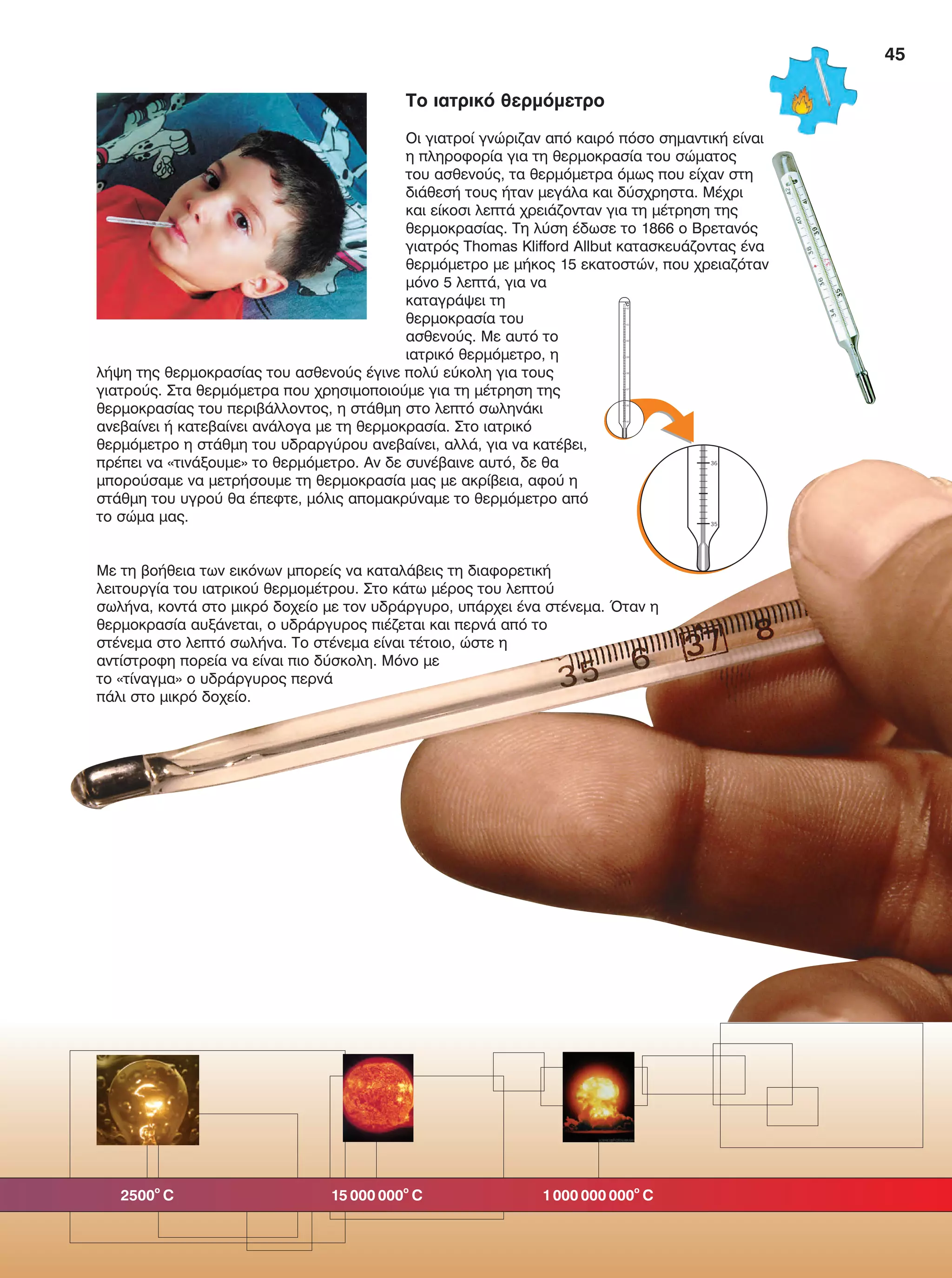 45
Το ιατρικό θερμόμετρο
Οι γιατροί γνώριζαν από καιρό πόσο σημαντική είναι
η πληροφορία για τη θερμοκρασία του σώματος
του ασθενούς, τα θερμόμετρα όμως που είχαν στη
διάθεσή τους ήταν μεγάλα και δύσχρηστα. Μέχρι
και είκοσι λεπτά χρειάζονταν για τη μέτρηση της
θερμοκρασίας. Τη λύση έδωσε το 1866 ο Βρετανός
γιατρός Thomas Klifford Allbut κατασκευάζοντας ένα
θερμόμετρο με μήκος 15 εκατοστών, που χρειαζόταν
μόνο 5 λεπτά, για να
καταγράψει τη
θερμοκρασία του
ασθενούς. Με αυτό το
ιατρικό θερμόμετρο, η
λήψη της θερμοκρασίας του ασθενούς έγινε πολύ εύκολη για τους
γιατρούς. Στα θερμόμετρα που χρησιμοποιούμε για τη μέτρηση της
θερμοκρασίας του περιβάλλοντος, η στάθμη στο λεπτό σωληνάκι
ανεβαίνει ή κατεβαίνει ανάλογα με τη θερμοκρασία. Στο ιατρικό
θερμόμετρο η στάθμη του υδραργύρου ανεβαίνει, αλλά, για να κατέβει,
πρέπει να «τινάξουμε» το θερμόμετρο. Αν δε συνέβαινε αυτό, δε θα
μπορούσαμε να μετρήσουμε τη θερμοκρασία μας με ακρίβεια, αφού η
στάθμη του υγρού θα έπεφτε, μόλις απομακρύναμε το θερμόμετρο από
το σώμα μας.
Με τη βοήθεια των εικόνων μπορείς να καταλάβεις τη διαφορετική
λειτουργία του ιατρικού θερμομέτρου. Στο κάτω μέρος του λεπτού
σωλήνα, κοντά στο μικρό δοχείο με τον υδράργυρο, υπάρχει ένα στένεμα. Όταν η
θερμοκρασία αυξάνεται, ο υδράργυρος πιέζεται και περνά από το
στένεμα στο λεπτό σωλήνα. Το στένεμα είναι τέτοιο, ώστε η
αντίστροφη πορεία να είναι πιο δύσκολη. Μόνο με
το «τίναγμα» ο υδράργυρος περνά
πάλι στο μικρό δοχείο.
2500
o
C	 15 000 000
ο
C	 1 000 000 000
ο
C
FYSIKA E DIMOT MATHITI.indb 45 2/12/13 4:32 PM
 