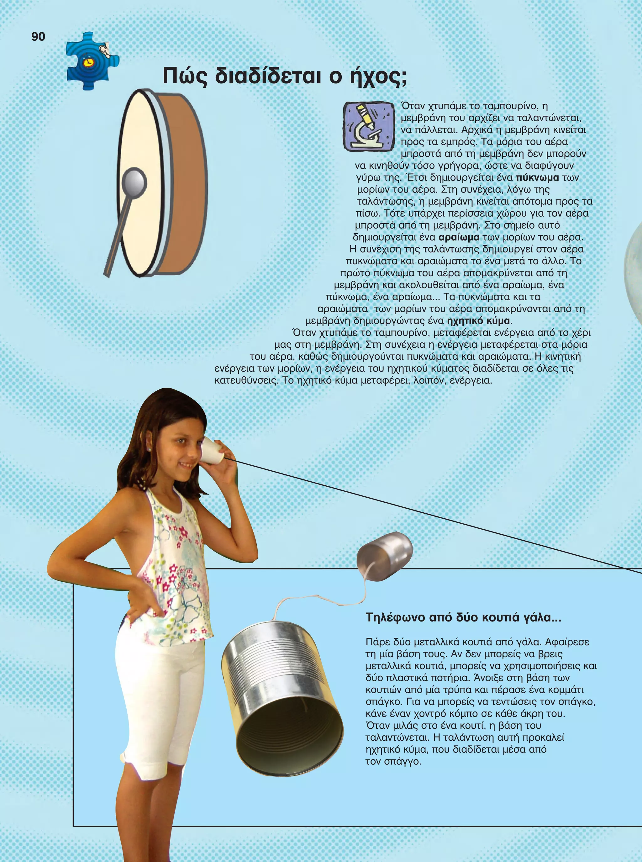 Όταν χτυπάμε το ταμπουρίνο, η
μεμβράνη του αρχίζει να ταλαντώνεται,
να πάλλεται. Αρχικά η μεμβράνη κινείται
προς τα εμπρός. Τα μόρια του αέρα
μπροστά από τη μεμβράνη δεν μπορούν
να κινηθούν τόσο γρήγορα, ώστε να διαφύγουν
γύρω της. Έτσι δημιουργείται ένα πύκνωμα των
μορίων του αέρα. Στη συνέχεια, λόγω της
ταλάντωσης, η μεμβράνη κινείται απότομα προς τα
πίσω. Τότε υπάρχει περίσσεια χώρου για τον αέρα
μπροστά από τη μεμβράνη. Στο σημείο αυτό
δημιουργείται ένα αραίωμα των μορίων του αέρα.
Η συνέχιση της ταλάντωσης δημιουργεί στον αέρα
πυκνώματα και αραιώματα το ένα μετά το άλλο. Το
πρώτο πύκνωμα του αέρα απομακρύνεται από τη
μεμβράνη και ακολουθείται από ένα αραίωμα, ένα
πύκνωμα, ένα αραίωμα... Τα πυκνώματα και τα
αραιώματα των μορίων του αέρα απομακρύνονται από τη
μεμβράνη δημιουργώντας ένα ηχητικό κύμα.
Όταν χτυπάμε το ταμπουρίνο, μεταφέρεται ενέργεια από το χέρι
μας στη μεμβράνη. Στη συνέχεια η ενέργεια μεταφέρεται στα μόρια
του αέρα, καθώς δημιουργούνται πυκνώματα και αραιώματα. Η κινητική
ενέργεια των μορίων, η ενέργεια του ηχητικού κύματος διαδίδεται σε όλες τις
κατευθύνσεις. Το ηχητικό κύμα μεταφέρει, λοιπόν, ενέργεια.
Πώς διαδίδεται ο ήχος;
Τηλέφωνο από δύο κουτιά γάλα...
Πάρε δύο μεταλλικά κουτιά από γάλα. Αφαίρεσε
τη μία βάση τους. Αν δεν μπορείς να βρεις
μεταλλικά κουτιά, μπορείς να χρησιμοποιήσεις και
δύο πλαστικά ποτήρια. Άνοιξε στη βάση των
κουτιών από μία τρύπα και πέρασε ένα κομμάτι
σπάγκο. Για να μπορείς να τεντώσεις τον σπάγκο,
κάνε έναν χοντρό κόμπο σε κάθε άκρη του.
Όταν μιλάς στο ένα κουτί, η βάση του
ταλαντώνεται. Η ταλάντωση αυτή προκαλεί
ηχητικό κύμα, που διαδίδεται μέσα από
τον σπάγγο.
90
FYSIKA E DIMOT MATHITI.indb 90 2/12/13 4:35 PM
 