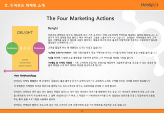 Ⅱ. 인바운드 마케팅 소개

The Four Marketing Actions
Delight
인바운드 마케팅은 방문자, 리드고객, 또는 기존 고객이든 간에 사용자에게 컨텐츠를 제공하는 일련의 행동입니다. 누
군가가 이미 결제를 완료 했다고 해서 여러분은 그들을 소홀해 대해서는 안됩니다. 인바운드 마케터들은 현재 고객
들의 구매력을 높일 수 있도록 그들이 좋아하는 제품과 회사에 대해 즐겁게 자발적으로 행동하는 프로모터가 되도록
끊임없이 노력해야 합니다.
고객을 즐겁게 하는 데 사용되는 도구는 다음과 같습니다 :
•스마트 Calls-to-Action : 다른 사용자들에게 특정 구매자와 라이프 사이클 단계에 기반한 변경 사항을 알려 줍니다.
•소셜 미디어: 다양한 소설 플랫폼을 사용하여 실시간 고객 서비스를 제공할 기회를 줍니다.
.
•이메일 및 마케팅 자동화 - 기존 고객에게 공감가는 컨텐츠를 제공하여 그들에게 흥미를 유도할 수 있는 새로운 제
품과 특징을 소개 하고 각자의 목표를 달성하도록 합니다.

New Methodology
인바운드 마케팅 방법론은 매 단계마다 사용되는 툴과 불특정 다수가 고객이 되어가는 과정에서 느끼는 단계별 라이프 사이클 관리가 중요합니다
이 방법론은 마케터로 하여금 방문자를 끌어당기고, 리드고객으로 바꾸고, 프로모터를 만족할 수 있게 합니다.
인바운드 마케팅은 아무 일도 하지 않아도 저절로 일어나는 것이 아닌 여러분이 무언가를 행동해야 하는 일입니다. 여러분은 정확하게 바로 그런 사람
들 (여러분의 구매자 개인)에게 바로 그 길목 (채널)에 있다가 바로 그 적절한 시기에(라이프사이클 단계) 공감되는 컨텐츠를 만들고 전달하는데 도움을
주는 툴과 응용 프로그램을 사용해야 합니다
인바운드 마케팅은 방문자, 리드고객, 또는 기존 고객이든 간에 사용자에게 공감 가는 컨텐츠를 제공하는 모든 일입니다.
10

 