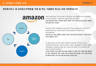 Ⅱ. 인바운드 마케팅 소개
개인화서비스 및 인바운드마케팅을 가장 잘 하는 기업중의 하나는 바로 아마존입니다.

Test everything. The success of Amazon can largely be contributed
to the company’s culture to always test new ideas.
모든 것을 테스트하라. 아마존의 성공은 새로운 아이디어를 항상 테스트하는 문화에
아주 많은 부분 기인한다.

Amazon’s CEO Jeff Bezos once said “If you double the number of
experiments you do per year you’re going to double your
inventiveness.”

Analytics

제프 베조스는 연간 실행하는 실험의 수를 두 배 늘이면 투자성과도 두 배로 늘 것이
Decision
Make

Test

다라고 말했다고 한다.

So what types of tests does Amazon conduct? Product prices,
marketing channels, calls to action, colors, navigation, button styles,
messaging, shipping rates, etc. If you can think of it, chances are
they’ve already tested it.
Conduct

그러면 아마존은 어떤 유형의 테스트를 수행하는가? 제품 가격, 마케팅 채널, 콜투액

션, 색상, 네비게이견, 버튼 스타일, 메시지, 배송료 등등 생각할 수 있는 것들 대부분
에 대해 아마존은 이미 테스트를 해 보았을 가능성이 높다.

13

 