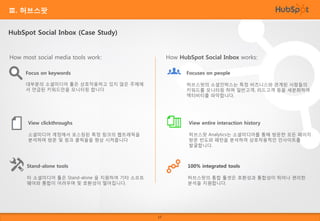 Ⅲ. 허브스팟
HubSpot Social Inbox (Case Study)

How most social media tools work:

How HubSpot Social Inbox works:

Focus on keywords

Focuses on people

대부분의 소셜미디어 툴은 상호작용하고 있지 않은 주제에
서 언급된 키워드만을 모니터링 합니다

허브스팟의 소셜인박스는 특정 비즈니스와 관계된 사람들의
키워드를 모니터링 하며 일반고객, 리드고객 등을 세분화하여
액티비티를 파악합니다.

View clickthroughs

View entire interaction history

소셜미디어 계정에서 포스팅된 특정 링크의 웹트래픽을
분석하며 방문 및 링크 클릭율을 향상 시켜줍니다

허브스팟 Analytics는 소셜미디어를 통해 방문한 모든 페이지
방문 빈도와 패턴을 분석하여 상호작용적인 인사이트를
발굴합니다.

Stand-alone tools

100% integrated tools

타 소셜미디어 툴은 Stand-alone 을 지원하여 기타 소프트
웨어와 통합이 어려우며 및 호환성이 떨어집니다.

허브스팟의 통합 툴셋은 호환성과 통합성이 뛰어나 편리한
분석을 지원합니다.

17

 