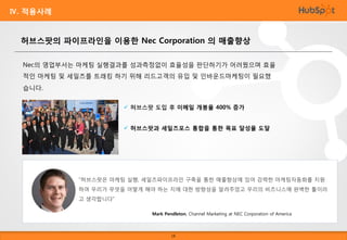 Ⅳ. 적용사례

허브스팟의 파이프라인을 이용한 Nec Corporation 의 매출향상
Nec의 영업부서는 마케팅 실행결과를 성과측정없이 효율성을 판단하기가 어려웠으며 효율
적인 마케팅 및 세일즈를 트래킹 하기 위해 리드고객의 유입 및 인바운드마케팅이 필요했
습니다.

Ⅳ. 적용사례

 허브스팟 도입 후 이메일 개봉율 400% 증가
 허브스팟과 세일즈포스 통합을 통한 목표 달성율 도달

“허브스팟은 마케팅 실행, 세일즈파이프라인 구축을 통한 매출향상에 있어 강력한 마케팅자동화를 지원
하여 우리가 무엇을 어떻게 해야 하는 지에 대한 방향성을
Mark Pendleton, Channel Marketing at NEC 알려주었고 우리의 비즈니스에 완벽한 툴이라
Corporation of America

고 생각합니다”

Mark Pendleton, Channel Marketing at NEC Corporation of America

18

 