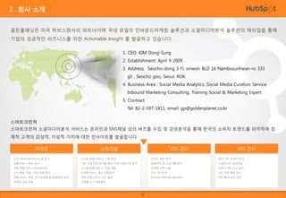 Ⅰ. 회사 소개
골든플래닛은 미국 허브스팟사의 파트너이며 국내 유일의 인바운드마케팅 솔루션과 소셜미디어분석 솔루션의 매쉬업을 통해
기업의 성공적인 비즈니스를 위한 Actionable Insight 를 발굴하고 있습니다.
1. CEO: KIM Dong-Sung
2. Establishment: April 9 2009
3. Address: Seocho-dong 3 FL sinwon BLD 16 Nambusunhwan-ro 333
gil , Seocho goo, Seoul, ROK.
4. Business Area : Social Media Analytics, Social Media Curation Service

Inbound Marketing Consulting, Training Social & Marketing Expert
5. Contract
Tel: 82-2-597-1811, email: gp@goldenplanet.co.kr
스마트크런쳐
스마트크런쳐 소셜미디어분석 서비스는 온라인과 SNS채널 상의 버즈를 수집 및 감성분석을 통해 한국의 소비자 트랜드를 파악하여 잠
재적 고객의 감성적, 이성적 가치에 대한 인사이트를 발굴합니다
마케팅

상품개발

VOC 관리

SNS 관리

소비 Trend Monitoring 및 분석

신사업(제품/서비스) 기회 포착

브랜드 평판 분석

페이스북, 트위터 등의

상품/서비스 확산 분석

기존 사업 진단/분석을 통한 타겟 시장/고객 분석

영향력자 및 관심그룹 관리

소셜미디어 성과측정

경쟁 제품/서비스 Monitoring

신사업(제품/서비스) 컨셉 개발

마케팅 전략 도출

경쟁사 SNS 비교 분석

소비 행동, 반응, 기대, 대응 분석

신제품/서비스 출시 반응분석

이슈 모니터링

SNS 계정 통합 관리

제품/서비스 제공 가치 점유율 및 반응특성 분석

경쟁 제품/서비스 비교 분석

Business Risk Management

SNS 확산/성과 측정

마케팅 성과 측정

신제품 초기 대응분석

3

 