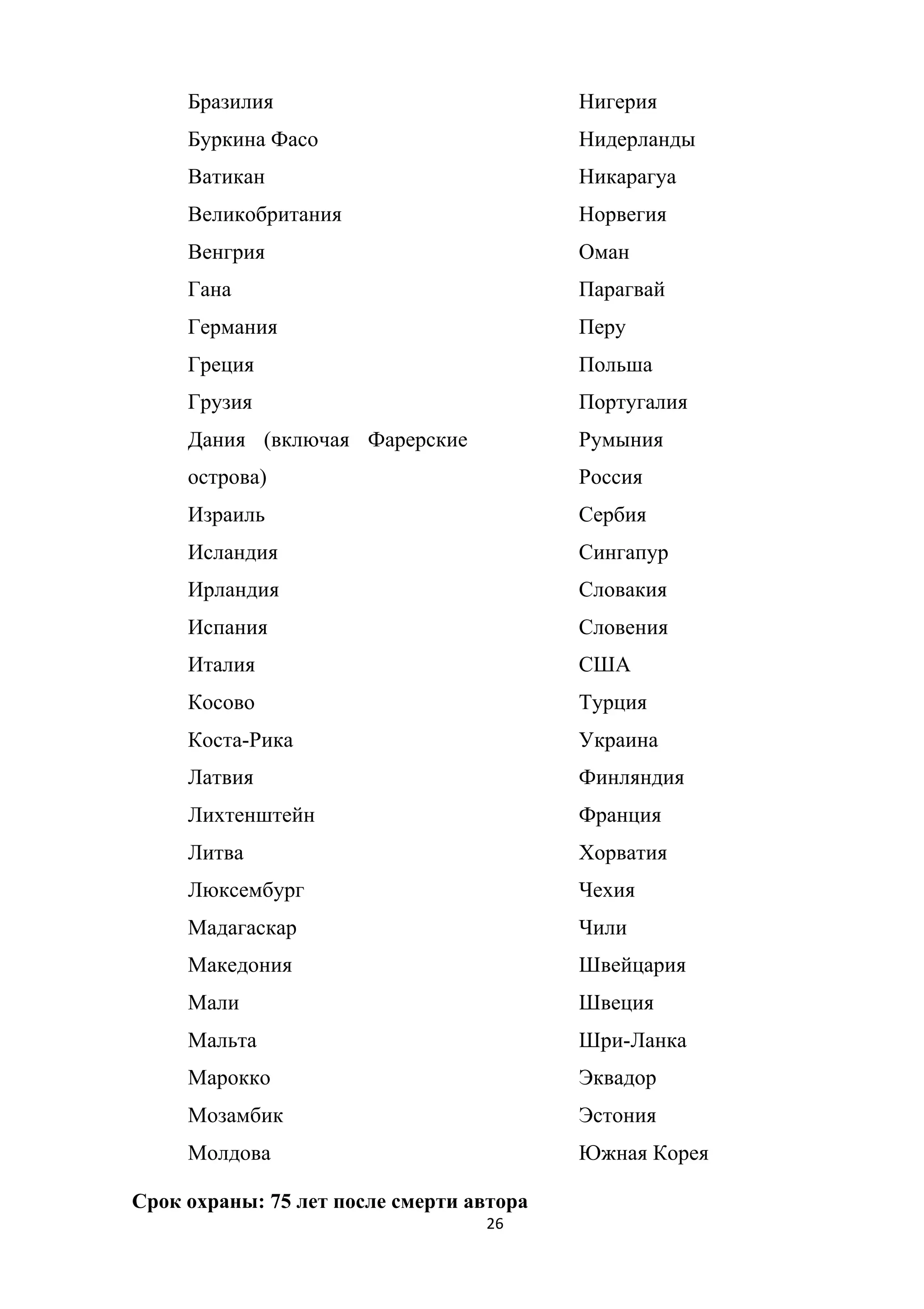 26	
	
Бразилия
Буркина Фасо
Ватикан
Великобритания
Венгрия
Гана
Германия
Греция
Грузия
Дания (включая Фарерские
острова)
Израиль
Исландия
Ирландия
Испания
Италия
Косово
Коста-Рика
Латвия
Лихтенштейн
Литва
Люксембург
Мадагаскар
Македония
Мали
Мальта
Марокко
Мозамбик
Молдова
Нигерия
Нидерланды
Никарагуа
Норвегия
Оман
Парагвай
Перу
Польша
Португалия
Румыния
Россия
Сербия
Сингапур
Словакия
Словения
США
Турция
Украина
Финляндия
Франция
Хорватия
Чехия
Чили
Швейцария
Швеция
Шри-Ланка
Эквадор
Эстония
Южная Корея
Срок охраны: 75 лет после смерти автора
 