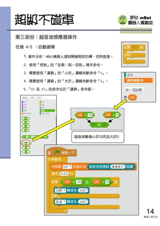 探奇 mBot
機器人實驗室
14
機器人齊步走
第三部份：超音波感應器操作
任務 4-3 ：自動避障
1. 動作分析：mBot機器人遇到障礙物就右轉，否則前進。
2. 使用『控制』的『如果…就…否則』積木命令。
3. 需要使用『運算』的『小於』邏輯判斷命令『<』。
4. 需要使用『運算』的『大於』邏輯判斷命令『>』。
5.『<> 且 <>』的命令位於『運算』命令區。
超級不碰車
超音波數值小於20而且大於0
 