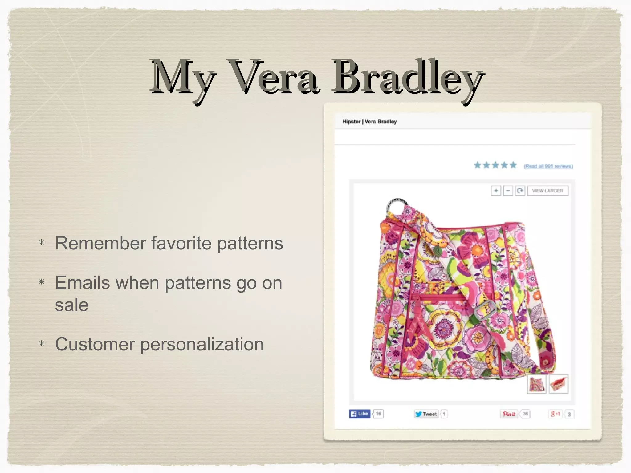 My Vera Bradley
Remember favorite patterns
Emails when patterns go on
sale
Customer personalization