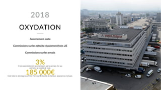 OXYDATION
2018
Abonnement carte
Commissions sur les retraits et paiement hors UE
Commissions sur les envois
3% 
185 000€
C’est essentiellement la commission sur les achats d’or qui  
permet à la société de vivre.
Coût total du stockage aux Ports Francs et Entrepôts de Genève, assurances incluses.
 