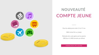 COMPTE JEUNE
NOUVEAUTÉ
Pour les adolescents entre 13 et 17 ans
IBAN virtuel lié au compte
Plafonds de la carte gérés par les parents  
20€/jour et 140€/semaine par défaut.
V E R A C A S H . F R /J E U N E
 