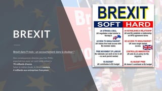 BREXIT
Des conséquences directes pour les PMEs
exportatrices avec un coût total esUmé à  
70 milliards d’euros.
Selon la même étude, le Brexit coutera  
4 milliards aux entreprises françaises.
Brexit dans 9 mois : un accouchement dans la douleur ?
 