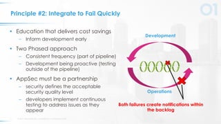 © 2017 VERACODE INC. ACQUIRED BY CA TECHNOLOGIES10
Principle #2: Integrate to Fail Quickly
• Education that delivers cost savings
– Inform development early
• Two Phased approach
– Consistent frequency (part of pipeline)
– Development being proactive (testing
outside of the pipeline)
• AppSec must be a partnership
– security defines the acceptable
security quality level
– developers implement continuous
testing to address issues as they
appear
Development
Operations
Both failures create notifications within
the backlog
 