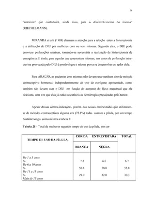 74 
‘ambiente’ que contribuirá, ainda mais, para o desenvolvimento do mioma” (RIECHELMANN). 
MIRANDA et alii (1989) chamam a atenção para a relação entre a histerectomia e a utilização do DIU por mulheres com ou sem miomas. Segundo eles, o DIU pode provocar perfurações uterinas, tornando-se necessária a realização da histerectomia de emergência. E ainda, para aquelas que apresentam miomas, nos casos de perfuração intra- uterina provocada pelo DIU é possível que o mioma possa se desenvolver ao redor dele. 
Para ARAÚJO, as pacientes com miomas não devem usar nenhum tipo de método contraceptivo hormonal, independentemente do teor de estrógeno apresentado, como também não devem usar o DIU em função do aumento do fluxo menstrual que ele ocasiona, uma vez que elas já estão suscetíveis às hemorragias provocadas pelo tumor. 
Apesar dessas contra-indicações, porém, das nossas entrevistadas que utilizaram- se de métodos contraceptivos alguma vez (72.1%) todas usaram a pílula, por um tempo bastante longo, como mostra a tabela 21. 
Tabela 21 - Total de mulheres segundo tempo de uso da pílula, por cor 
TEMPO DE USO DA PÍLULA 
COR DA 
ENTREVISTADA 
TOTAL 
BRANCA 
NEGRA 
De 1 a 5 anos 
% 
De 6 a 10 anos 
% 
De 11 a 15 anos 
% 
Mais de 15 anos 
7.2 
50.8 
29.0 
6.0 
6.7 
58.0 
53.8 
32.0 
30.3  