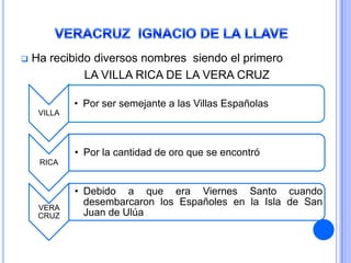    Ha recibido diversos nombres siendo el primero
              LA VILLA RICA DE LA VERA CRUZ

             • Por ser semejante a las Villas Españolas
     VILLA




             • Por la cantidad de oro que se encontró
     RICA


             • Debido a que era Viernes Santo cuando
               desembarcaron los Españoles en la Isla de San
     VERA
     CRUZ      Juan de Ulúa
 
