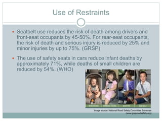 Use of Restraints
 Seatbelt use reduces the risk of death among drivers and
front-seat occupants by 45-50%. For rear-seat occupants,
the risk of death and serious injury is reduced by 25% and
minor injuries by up to 75%. (GRSP)
 The use of safety seats in cars reduce infant deaths by
approximately 71%, while deaths of small children are
reduced by 54%. (WHO)
Image source: National Road Safety Committee Bahamas
(www.grsproadsafety.org)
 