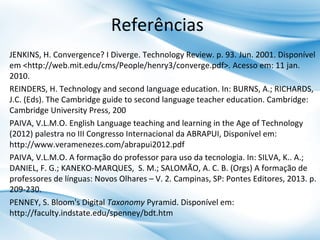 Referências
JENKINS, H. Convergence? I Diverge. Technology Review. p. 93. Jun. 2001. Disponível
em <http://web.mit.edu/cms/People/henry3/converge.pdf>. Acesso em: 11 jan.
2010.
REINDERS, H. Technology and second language education. In: BURNS, A.; RICHARDS,
J.C. (Eds). The Cambridge guide to second language teacher education. Cambridge:
Cambridge University Press, 200
PAIVA, V.L.M.O. English Language teaching and learning in the Age of Technology
(2012) palestra no III Congresso Internacional da ABRAPUI, Disponível em:
http://www.veramenezes.com/abrapui2012.pdf
PAIVA, V.L.M.O. A formação do professor para uso da tecnologia. In: SILVA, K.. A.;
DANIEL, F. G.; KANEKO-MARQUES, S. M.; SALOMÃO, A. C. B. (Orgs) A formação de
professores de línguas: Novos Olhares – V. 2. Campinas, SP: Pontes Editores, 2013. p.
209-230.
PENNEY, S. Bloom's Digital Taxonomy Pyramid. Disponível em:
http://faculty.indstate.edu/spenney/bdt.htm

 