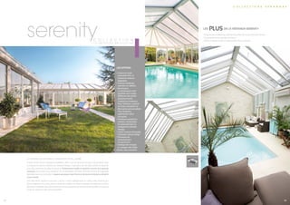 LA VÉRANDA QUI AUTORISE LA BAIGNADE TOUTE L’ANNÉE
Profiter d’une piscine intérieure chauffée à 28°C tout au long de l’année, c’est possible avec
la véranda de piscine Sérénity de Véranda Rideau. Cette pièce de vie offre confort et sérénité,
pour des moments de détente absolue. Parfaitement isolée et ventilée, comme une véranda
classique, pour éviter tout problème de condensation, Sérénity offre des sorties de baignade
agréables pour qui souhaite un espace aquatique ayant fonction de piscine intérieure utilisable
toute l’année.
Une décoration épurée et de type « nature » mettra parfaitement en valeur cette véranda aux
lignes élégantes. Si en plus, elle est dotée de mobilier aux fibres naturelles, de végétaux et d’une
décoration travaillée dans des teintes douces et apaisantes, la véranda Sérénity offrira un espace
à part, où règneront bien-être et équilibre.
serenity
c o l l e c t i o n s v é r a n d a s
c o l l e c t i o n
Les plus de la véranda serenity
• Propose une isolation qui permet de profiter de sa piscine toute l’année
• Se transforme en « piscine intérieure »
• Offre un espace à part où règnent bien-être et détente
Les options
• Coloris au choix
(nuanciers RAL et
solutions couleurs
adaptées).
• Finitions brillantes,
satinées ou sablées.
• Bicoloration.
La bicoloration rend
possible une couleur
différente des profils
aluminium entre
l’intérieur et l’extérieur.
Pour l’intérieur, couleurs
au choix, standards ou
décoration personnalisée.
Pour l’extérieur,
agrémentez selon
vos goûts.
• Panneaux sandwichs
isolants, translucides
en polycarbonate ou
transparents (double
vitrage).
• Volets roulants de façade.
• Traverses d’allure design.
• Panneaux de
soubassement
en aluminium.
• Sablage des vitrages
ou vitrages décoratifs.
Autres, nous consulter.
L a v é r a n d a d e p i s c i n e
19 20
 