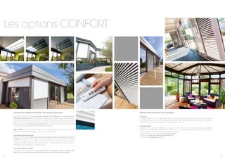 21 22
Les options confort
EN FAÇADE COMME EN TOITURE : LES VOLETS ROULANTS
Les volets roulants offrent une sécurité optimale contre l’effraction et une résistance
thermique performante été comme hiver en renforçant l’isolation et en protégeant votre
véranda du vent, de la pluie et de la grêle. Constitués de lames en aluminium laqué double
paroi remplies de mousse polyuréthane isolante, les volets roulants intégrés Véranda
Rideau proposent une motorisation garantie 5 ans. La commande radio des volets permet
une manœuvre individuelle ou groupée (jusqu’à 15 volets).
Bon à savoir : les volets roulants peuvent être installés après la pose de la véranda si une
préparation volets roulants équipe la structure haute de la façade.
Les volets roulants de façade
Véranda Rideau propose des volets roulants de façade conçus et montés sur son site de
production. Les profils des coulisses et la lame finale sont de conception Véranda Rideau.
Couleurs disponibles : blanc 9010 et ivoire 1015. Le coffre de volets roulants peut quant à
lui revêtir 2 designs : carré pour des lignes épurées et contemporaines ou arrondi pour les
vérandas les plus classiques ou de type victorien.
Les volets roulants de toiture
Véranda Rideau vous propose des volets roulants motorisés à télécommande radio
garantis 7 ans. Le tablier est en aluminium isolé pour un confort d’isolation optimal.
PROTECTION SOLAIRE ET TOUCHE DÉCO
Les stores
Le store intérieur est un incontournable pour qui souhaite obtenir modulation de la lumière et limitation
de l’éblouissement, tout en offrant esthétisme et touche déco. Véranda Rideau vous propose une gamme
complète de stores intérieurs décoratifs et de protections solaires.
Les brises soleil
Au-delà de son caractère esthétique et design, un brise soleil en lames d’aluminium laqué positionné
derrière un coulissant peut s’avérer être un vrai « plus » en matière d’aération car même lorsque la maison
est inoccupée, la ventilation de la véranda peut être assurée.
Véranda Rideau vous propose 2 types de brises soleil :
• le brise soleil fixe, avec des lames orientées à 45° ;
• le brise soleil orientable de 0 à 95°.
 