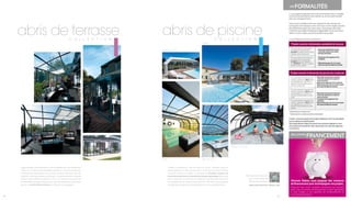 7 jours après la signature de votre commande, votre Conseiller
commercial transmettra votre dossier au service administratif
pour son enregistrement.
Nous vous conseillons de vous rapprocher des services de
l’urbanisme dont dépend votre commune car les règles peuvent
être différentes selon les communes. Votre projet devra être
conforme aux règles d’urbanisme applicables sur la commune
même si vous n’avez aucune formalité à accomplir.
2 cas de ﬁgure peuvent se présenter :
Véranda Rideau vous propose des solutions
de ﬁnancement pour accompagner vos projets.
Parlez-en avec votre conseiller commercial qui trouvera
avec vous la solution de ﬁnancement la plus appropriée
à votre budget, à vos capacités de remboursement et
à vos envies et besoins.
LES FORMALITÉS
SOLUTIONS
FINANCEMENT
30
Galbés ou angulaires ; bas, mi-hauts ou hauts ; adossés, fixes ou
télescopiques, les abris de piscine en aluminium et polycarbonate
issus des collections Rideau se révèlent de véritables espaces de
bien-êtrequisécurisentetvalorisentlesespacesaquatiques.Découvrez
nos 4 collections en rêvant et en imaginant votre futur abri de piscine.
Cet équipement, qui répond à la norme NF P 90-309, vous permettra
de prolonger vos temps de baignade de 2 à 4 mois supplémentaires.
Attik Elliptik haut
Elliptik mi-haut
Triptik
Quintessenz
C O L L E C T I O N
abris de piscine
* Surface plancher ou emprise au sol
** Surface plancher ou emprise au sol (hors stationnement)
A savoir : seuls les projets d’une surface inférieure à 5m² ne nécessitent
aucune démarche administrative.
Tout projet faisant l’objet d’un permis de construire déposé au nom
d’une personne morale (Sci, Sarl, association, etc.) doit être signé par
un architecte.
Projets soumis à déclaration préalable de travaux
Pour les projets de véranda dont
la surface est comprise entre
5 et 20 m²* quelque soit la surface
existante de la construction
Pour les projets de véranda dont
la surface est comprise entre
5 à 40 m² dans une habitation
de - de 170 m²** (travaux compris)
située en zone urbaine
• Demande préalable de travaux
à formuler auprès de la mairie
de votre commune.
• Pas besoin de la signature d’un
architecte.
• Délai d’instruction de 1 à 2 mois à
partir de la date de dépôt du dossier.
* Surface plancher ou emprise au sol
Pour les projets de véranda d’une
surface* supérieure à 20 m²* dans
une habitation de + de 170 m²**
(travaux compris) quelque soit la
zone de construction
Pour les projets de véranda d’une
surface* supérieure à 20 m²* dans
une habitation de - de 170 m²**
(travaux compris) située en zone
rurale
Pour les projets de véranda d’une
surface* supérieure à 40 m²* dans
une habitation de - de 170 m²**
(travaux compris) située en zone
urbaine
• Demande de permis de construire
à formuler auprès de la mairie de
votre commune.
• Besoin de la signature d’un architecte.
• Délai d’instruction de 2 à 6 mois à partir
de la date de dépôt du dossier.
• Demande de permis de construire
à formuler auprès de la mairie de
votre commune.
• Pas besoin de la signature d’un
architecte.
• Délai d’instruction de 2 à 6 mois à partir
de la date de dépôt du dossier.
Projets soumis à demande de permis de construire
Retrouvez notre collection
grâce à notre ﬂashcode
Abri de Piscine Rideau
www.abri-piscine-rideau.com
229
Léger et design, l’abri de terrasse n’a de semblable avec une véranda que
l’allure, car il n’est pas doté d’isolation spéciﬁque. Il permet de retrouver
le principe de la biothermie sans qu’il n’y ait besoin d’investir dans du
matériel ou des équipements particuliers. La source d’énergie naturelle
qu’est le soleil suffit pour gagner 6 à 8° C en moyenne en période de
fort ensoleillement (selon l’exposition). L’abri de terrasse se transformera
alors en un jardin d’hiver lumineux où il fera bon lire et paresser.
C O L L E C T I O N
abris de terrasse
 
