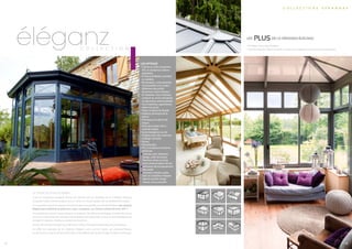 LE CACHET DU STYLE VICTORIEN
C’est en conjuguant plusieurs formes de toitures que les vérandas de la Collection Éléganz
acquièrent style, charme et allure, tout en créant un nouvel espace de vie parfaitement intégré.
En choisissant parmi les options d’ornementations proposées par Véranda Rideau, une véranda
Éléganz peut aisément se doter d’un style « orangerie » au charme suranné de la fin XIXème
.
Cet esthétisme victorien peut s’obtenir en adoptant des éléments de faitage comme des crêtes
de toit, en choisissant des panneaux de soubassement décoratifs ou encore en embellissant les
vitrages d’impostes cintrées ou dotées de croisillons.
Et cela, sans jamais déroger aux critères de confort thermique et phonique les plus absolus.
En effet, les vérandas de la Collection Éléganz sont, comme toutes les vérandas Rideau,
en aluminium à rupture de pont thermique et bénéficient de double vitrage à isolation thermique.
c o l l e c t i o n s v é r a n d a s
Les plus de la véranda ÉlÉganz
• S’intègre à tout type d’habitat
• Permet d’acquérir l’allure du style victorien en multipliant les options d’ornementation
Les options
• Coloris au choix (nuanciers
RAL et solutions couleurs
adaptées).
• Finitions brillantes, satinées
ou sablées.
• Bicoloration. La bicoloration
rend possible une couleur
différente des profils
aluminium entre l’intérieur
et l’extérieur. Pour l’intérieur,
couleurs au choix, standards
ou décoration personnalisée.
Pour l’extérieur, agrémentez
selon vos goûts.
• Volets roulants de façade
• Isolation phonique de la
toiture.
• Panneaux occultants de
toiture.
• Puits de lumière vitré à
contrôle solaire.
• Spots halogènes ou led
intégrés dans des chevrons
à design tubulaire.
• Stores.
• Moustiquaire.
• Pour une allure victorienne
renforcée :
■ chéneau avec réhausse
design, crête de toiture,
flamme, volute ou toute
autre ornementation de toit
■ panneaux de soubassement
décoratifs
■ impostes cintrées, petits
bois ou croisillons intégrés
dans le double vitrage
Autres, nous consulter.
2 pentes
étoile pan coupé étoile
3 pentes chapiteau
demi-étoile
kiosque victorienneconfiguration en L
15 1616
éléganzc o l l e c t i o n
 