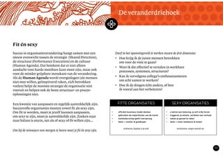 TekstMastering the Mystery
11
Fit én sexy
De veranderdriehoek
Succes in organisatieverandering hangt samen met een
nieuw evenwicht tussen de strategie (Shared Direction),
de structuur (Performance Execution) en de cultuur
(Human Agenda). Dat betekent dat er niet alleen
aandacht voor harde meetbare kant moet zijn, maar ook
voor de minder grijpbare menskant van de verandering.
Als de Human Agenda wordt overgeslagen (als mensen
niet mee willen, geïnspireerd raken, zich betrokken
voelen) helpt de mooiste strategie de organisatie niet
vooruit en helpen ook de beste structuur- en proces-
oplossingen niet.
Een kwestie van aanpassen en tegelijk aantrekkelijk zijn.
Succesvolle organisaties moeten zowel fit als sexy zijn.
Om fit te worden, moet je jezelf kunnen aanpassen,
om sexy te zijn, moet je aantrekkelijk zijn. Zoeken naar
naar balans is onzin, net als of sexy of fit willen zijn…
Om bij de winnaars van morgen te horen moet je fit én sexy zijn.
Durf in het spanningsveld te werken tussen de drie dimensies
• Hoe krijg ik de juiste mensen betrokken
om voor de visie te gaan?
• Weet ik die effectief te vertalen in werkbare
processen, systemen, structuren?
• Kan ik vervolgens collega's enthousiasmeren
om echt samen te werken?
• Doe ik de dingen écht anders, of ben
ik vooral aan het verbeteren?
• efficiënt business model denken
• gebruiken de imperfecties van de markt
• kostleiderschap geeft voorsprong
• beter = sneller & goedkoper
verbeteren, hygiëne is op orde
FITTE ORGANISATIES
• creëren een beleving, je wilt erbij horen
• triggeren je emotie, vertellen een verhaal
• weten je gevoel te raken
• beter = meer betekenis & leuker
vernieuwen, voegen waarde toe
SEXY ORGANISATIES
 
