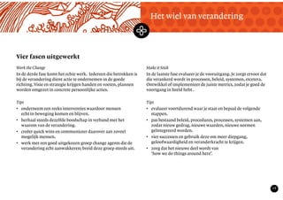TekstMastering the Mystery
17
Vier fasen uitgewerkt
Het wiel van verandering
Work the Change
In de derde fase komt het echte werk. Iedereen die betrokken is
bij de verandering dient actie te ondernemen in de goede
richting. Visie en strategie krijgen handen en voeten, plannen
worden omgezet in concrete persoonlijke acties.
Tips
• onderneem een reeks interventies waardoor mensen
echt in beweging komen en blijven.
• herhaal steeds dezelfde boodschap in verband met het
waarom van de verandering.
• creëer quick wins en communiceer daarover aan zoveel
mogelijk mensen.
• werk met een goed uitgekozen groep change agents die de
verandering echt aanwakkeren; breid deze groep steeds uit.
Make it Stick
In de laatste fase evalueer je de vooruitgang. Je zorgt ervoor dat
die verankerd wordt in processen, beleid, systemen, etcetera.
Ontwikkel of implementeer de juiste metrics, zodat je goed de
voortgang in beeld hebt .
Tips
• evalueer voortdurend waar je staat en bepaal de volgende
stappen.
• pas bestaand beleid, procedures, processen, systemen aan,
zodat nieuw gedrag, nieuwe waarden, nieuwe normen
geïntegreerd worden.
• vier successen en gebruik deze om meer diepgang,
geloofwaardigheid en veranderkracht te krijgen.
• zorg dat het nieuwe deel wordt van
‘how we do things around here’.
 