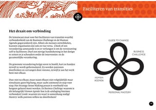 TekstMastering the Mystery
19
Het draait om verbinding
Faciliteren van transities
De lemniscaat staat voor het faciliteren van transities waarbij
verbondenheid van de Business Challenge en de Human
Agenda gegarandeerd zijn.Alleen als mensen ontwikkelen,
kunnen organisaties dat ook en vice versa. Check of een
verandering aanstaande is en er verlangen is om de vernieuwing
zelf te faciliteren. Durf een stevige handtekening in het design
te zetten en je schouders onder de interventies en de
gezamenlijke verankering.
De gewenste verandering krijgt vorm in hoofd, hart en handen
terwijl ze wordt geformuleerd. Zo worden patronen
doorbroken en vervangen door nieuwe, terwijl je aan het werk
bent met elkaar.
Dus: niet na elkaar, maar naast elkaar; niet volgtijdelijk maar
simultaan; geen big bang, maar zacht zoemend en stap voor
stap. Het Strategy Sense Making proces is voorbeeld van
hetgeen geleerd moet worden. De Business Challenge: waarom is
dit belangrijk? Human Agenda: hoe is de uitdaging hiermee
verbonden? Guide: waarom (en waar) is samenhang nodig?
Mastery: welk patroon willen we doorbreken?
BUSINESS
CHALLENGE
HUMAN
AGENDA
GUIDE TO CHANGE
PERSONAL MASTERY
 