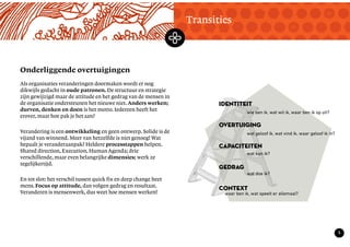 TekstMastering the Mystery
5
wat kan ik?
wat doe ik?
wat geloof ik, wat vind ik, waar geloof ik in?
wie ben ik, wat wil ik, waar ben ik op uit?
waar ben ik, wat speelt er allemaal?
identiteit
overtuiging
capaciteiten
gedrag
context
Onderliggende overtuigingen
Transities
Als organisaties veranderingen doormaken wordt er nog
dikwijls gedacht in oude patronen. De structuur en strategie
zijn gewijzigd maar de attitude en het gedrag van de mensen in
de organisatie ondersteunen het nieuwe niet. Anders werken;
durven, denken en doen is het motto. Iedereen heeft het
erover, maar hoe pak je het aan?
Verandering is een ontwikkeling en geen ontwerp. Solide is de
vijand van winnend. Meer van hetzelfde is niet genoeg! Wat
bepaalt je veranderaanpak? Heldere processtappen helpen.
Shared direction, Execution, Human Agenda; drie
verschillende, maar even belangrijke dimensies; werk ze
tegelijkertijd.
En tot slot: het verschil tussen quick fix en deep change heet
mens. Focus op attitude, dan volgen gedrag en resultaat.
Veranderen is mensenwerk, dus weet hoe mensen werken!
 