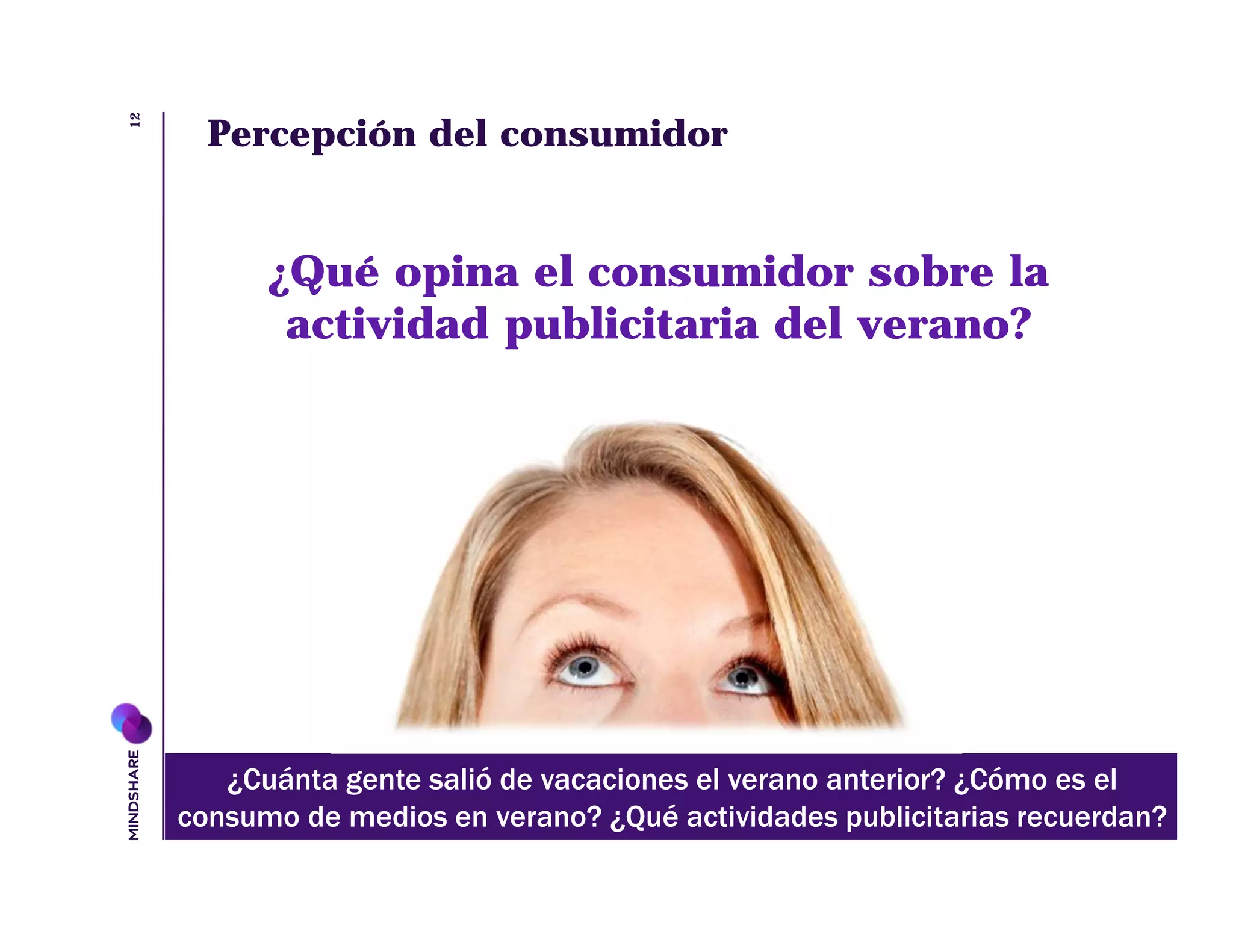 12
       Percepción del consumidor


           ¿Qué opina el consumidor sobre la
            actividad publicitaria del verano?




        ¿Cuánta gente salió de vacaciones el verano anterior? ¿Cómo es el
     consumo de medios en verano? ¿Qué actividades publicitarias recuerdan?
 