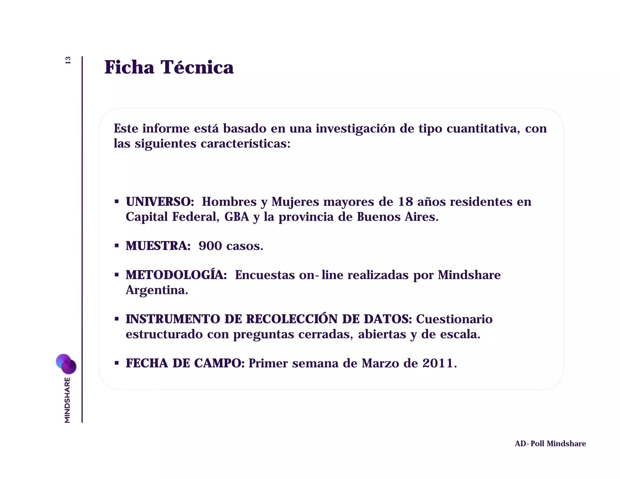 13
     Ficha Técnica


     Este informe está basado en una investigación de tipo cuantitativa, con
     las siguientes características:



       UNIVERSO: Hombres y Mujeres mayores de 18 años residentes en
       Capital Federal, GBA y la provincia de Buenos Aires.

       MUESTRA: 900 casos.

       METODOLOGÍA: Encuestas on-line realizadas por Mindshare
       Argentina.

       INSTRUMENTO DE RECOLECCIÓN DE DATOS: Cuestionario
       estructurado con preguntas cerradas, abiertas y de escala.

       FECHA DE CAMPO: Primer semana de Marzo de 2011.




                                                                      AD-Poll Mindshare
 