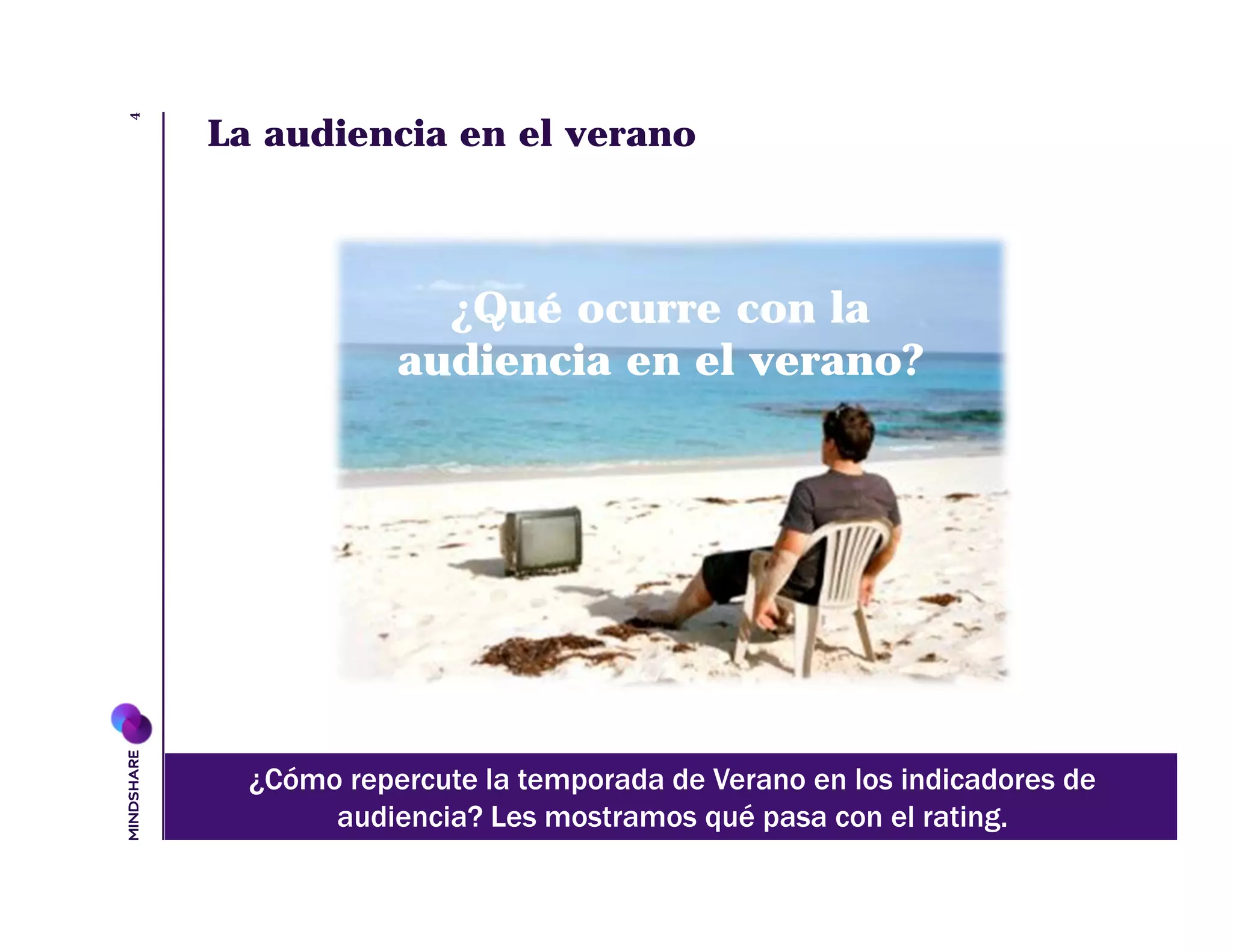 4
    La audiencia en el verano



                  ¿Qué ocurre con la
                audiencia en el verano?




      ¿Cómo repercute la temporada de Verano en los indicadores de
           audiencia? Les mostramos qué pasa con el rating.
 